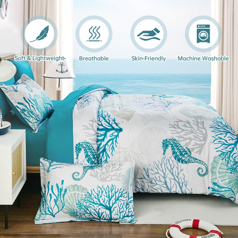 WONGS BEDDING Coastal Comforter Set King, Beach Themed Comforter,7 Pieces Ocean Nautical Seaweed & Starfish Bed in a Bag (104"Ã—90") - Image 3