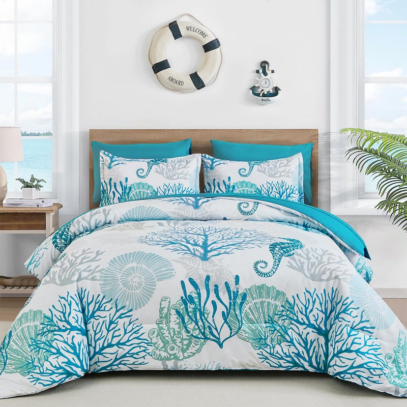 WONGS BEDDING Coastal Comforter Set King, Beach Themed Comforter,7 Pieces Ocean Nautical Seaweed & Starfish Bed in a Bag (104"Ã—90") - Image 1
