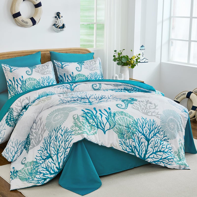 WONGS BEDDING Coastal Comforter Set King, Beach Themed Comforter,7 Pieces Ocean Nautical Seaweed & Starfish Bed in a Bag (104"Ã—90") - Image 2