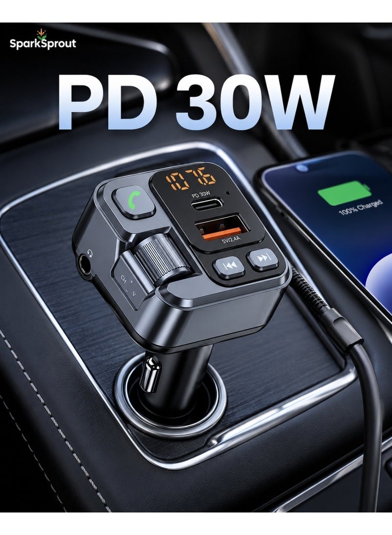 سباركسبروت جهاز إرسال FM بلوتوث للسيارة مع شاحن سريع USB بقوة PD 30 واط وQC 3.0، محول راديو موسيقى لاسلكي، مشغل MP3، صوت جهير HiFi، مكالمات بدون استخدام اليدين  شاحن سيارة سريع - Image 1