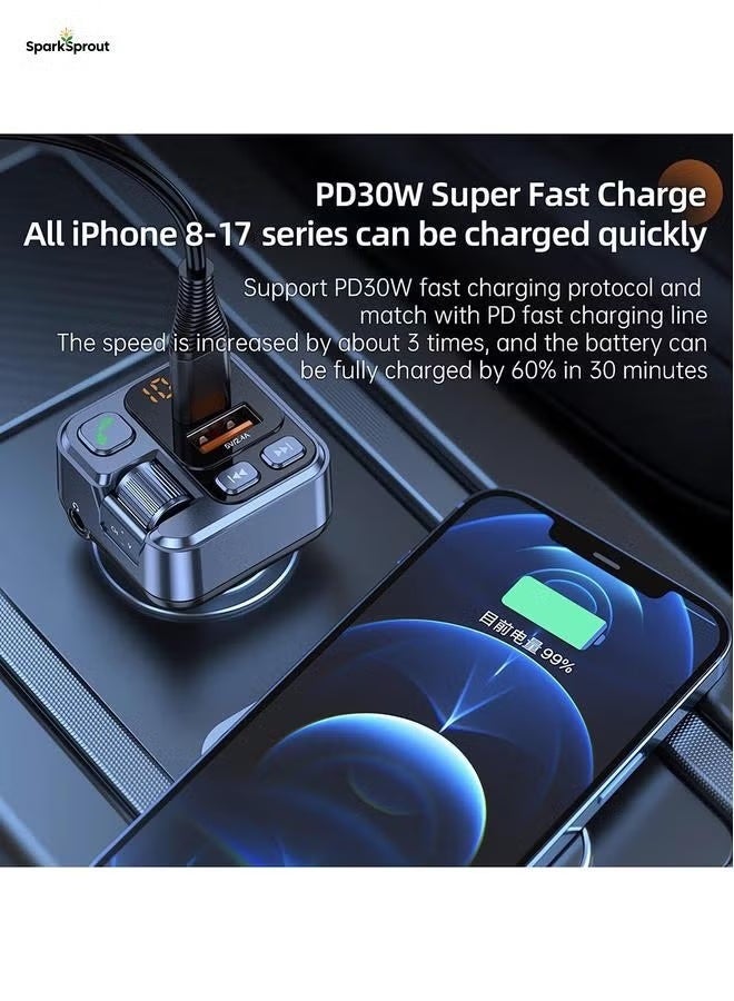 سباركسبروت جهاز إرسال FM بلوتوث للسيارة مع شاحن سريع USB بقوة PD 30 واط وQC 3.0، محول راديو موسيقى لاسلكي، مشغل MP3، صوت جهير HiFi، مكالمات بدون استخدام اليدين  شاحن سيارة سريع - Image 3