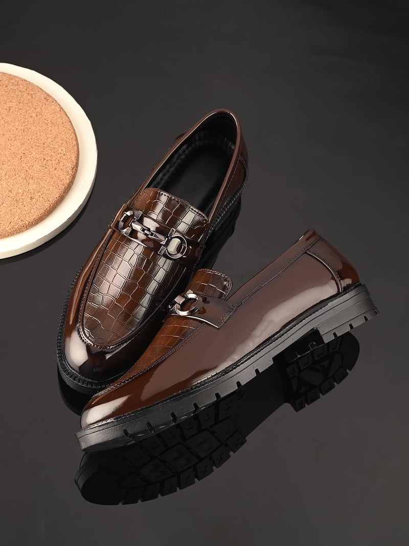 MACTREE Croco Print Leather Slipon Loafers for Men | Chunky Sole Loafers (Brown, UK 9) - Image 2