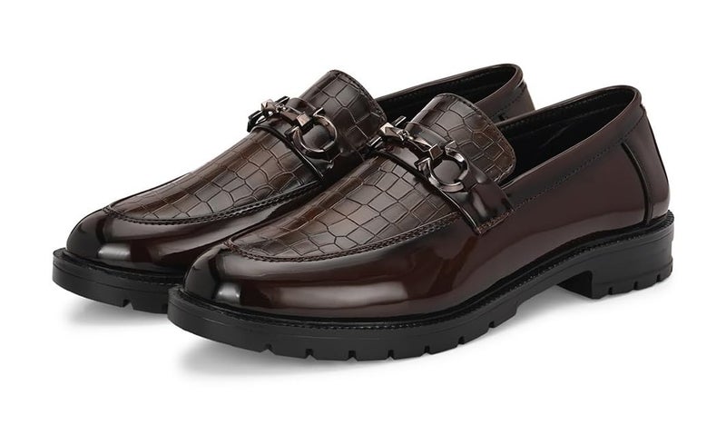 MACTREE Croco Print Leather Slipon Loafers for Men | Chunky Sole Loafers (Brown, UK 9) - Image 1