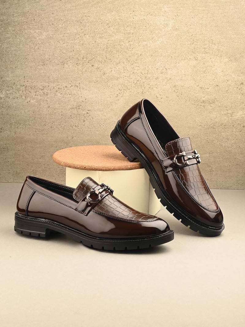 MACTREE Croco Print Leather Slipon Loafers for Men | Chunky Sole Loafers (Brown, UK 9) - Image 3