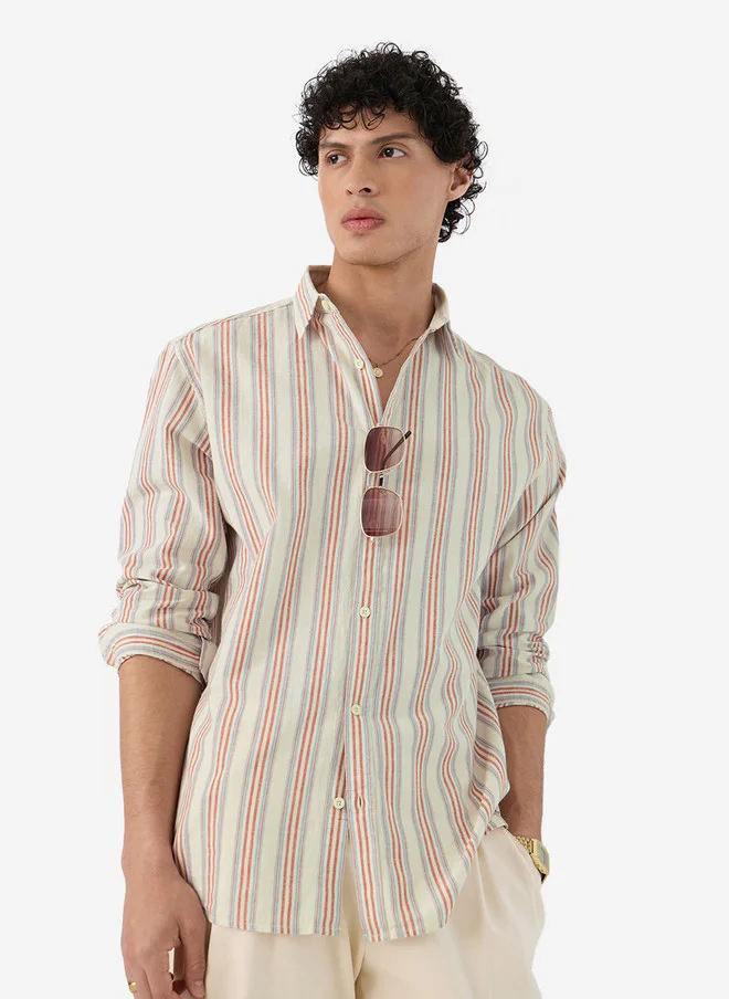 The Souled Store Men Regular Fit Cotton Linen Striped Beige Shirt