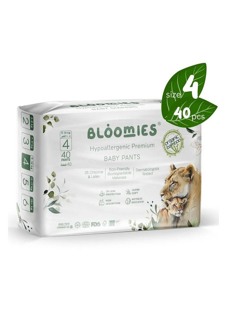 Bloomies Bloomies Organic Bamboo Premium Pant Style Baby Diapers, 40 Pieces, Size 4, Hypoallergenic, 3D Leak Protection, Wetness Indicator, Super Soft 