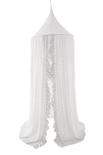 Wonder Space Elegant Kids Bed Canopy Lace Chiffon Netting with Pom Pom Princess Girls Fairy Dream Tent Nursery Room Baby Crib Hanging Curtain Mosquito Net Children Reading Nook Decoration White - Image 1