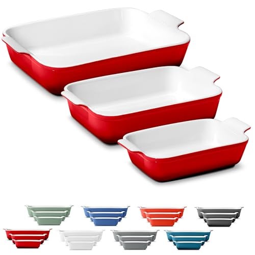 ROSSALLINI Stoneware Casserole Dish Bakeware Set of 3 | Rectangular Dinnerware Set with Handles [Deep Red] - Image 1