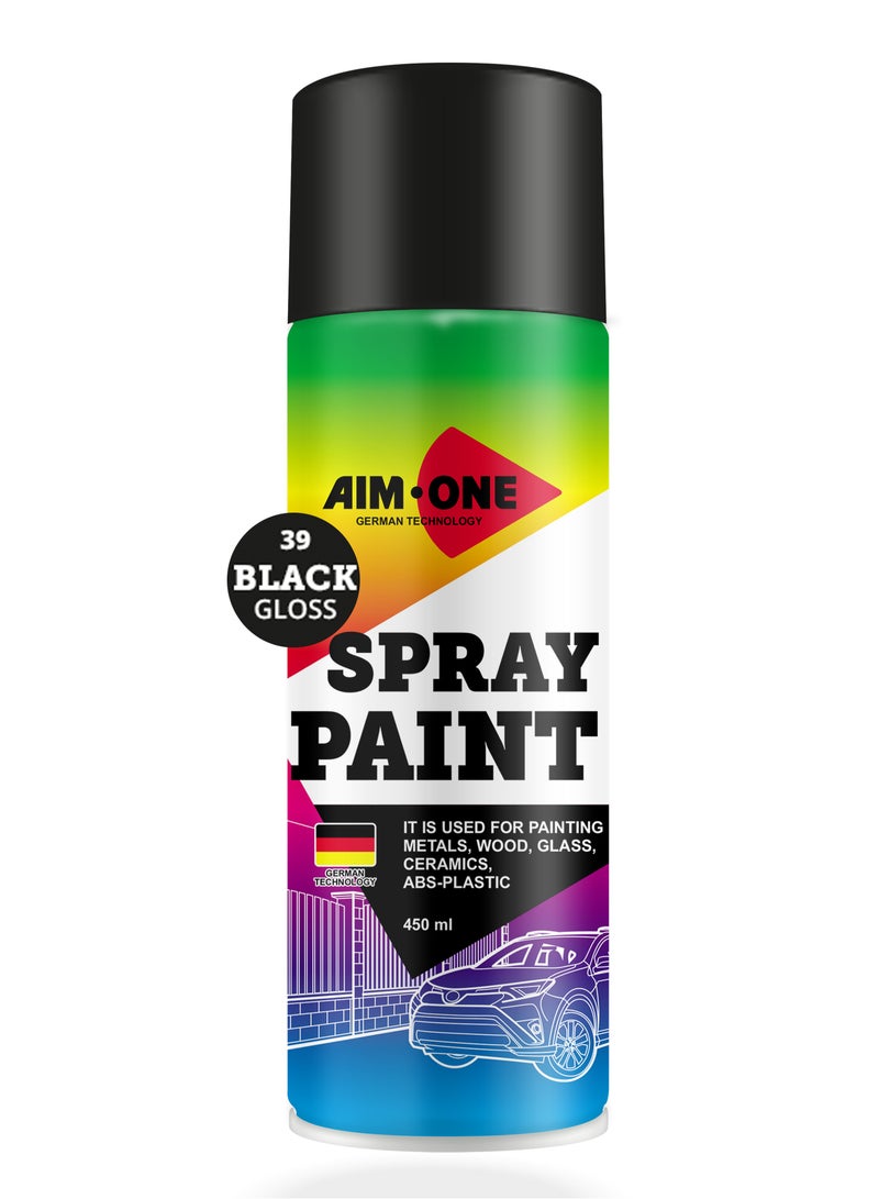 AIM-ONE Aim One Spray Paint Black Gloss 450ml - Its Used For Painting Metals - Wood - Glass - Ceramics - ABS-Plastic