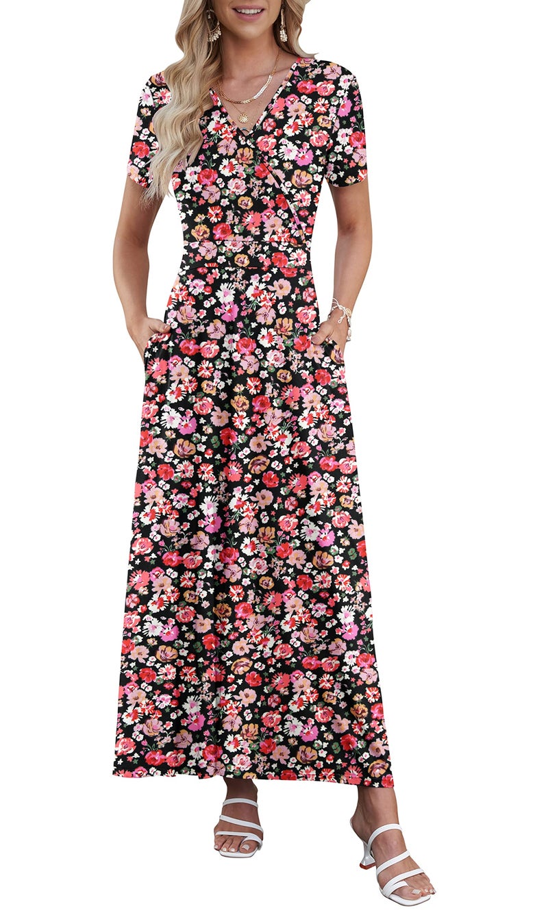 AUSELILY Maxi Dresses for Women Ankle Length Floral Print Beach Long Flowy Dress with Pockets Black Red Flower M - Image 1