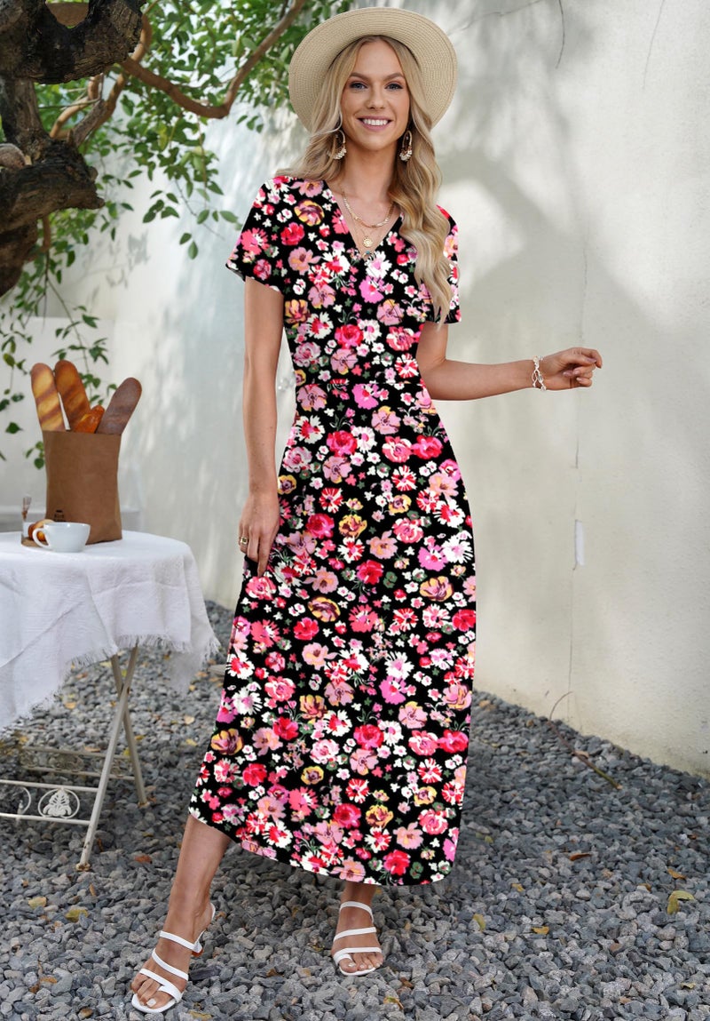 AUSELILY Maxi Dresses for Women Ankle Length Floral Print Beach Long Flowy Dress with Pockets Black Red Flower M - Image 5