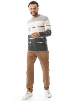Round Collar Slip On Pullover _ LightGrey , Dark Grey & Beige
