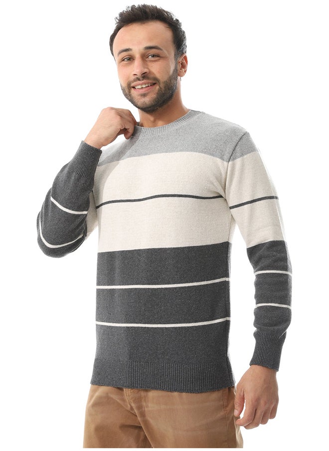 Andora - Round Collar Slip On Pullover _ LightGrey , Dark Grey & Beige - Image 1