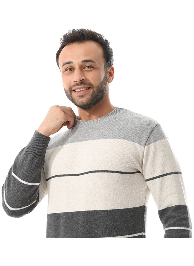 Andora - Round Collar Slip On Pullover _ LightGrey , Dark Grey & Beige - Image 1