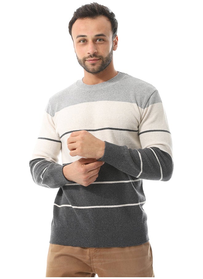 Andora - Round Collar Slip On Pullover _ LightGrey , Dark Grey & Beige - Image 1