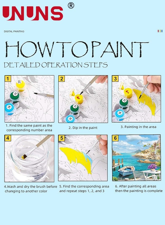 UNUNS رسم بالأرقام للبالغين، قماش مبتدئ منظر طبيعي شاطئي، مجموعات الرسم بالأرقام مع فرشاة وألوان أكريليك، 40x50 سم - Image 3