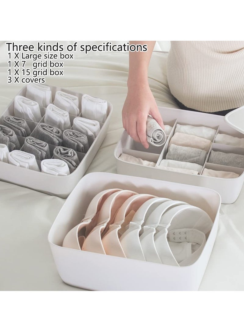 Bukela 3 Sets Underwear Bra Sock Organizer Boxes With 3 Lids, Underwear Sock Storage Boxes Dividers, Plastics Drawer Cabinet Closet Organizers Storage Boxes(1+7+15 Cell, Tender white）  - Image 4