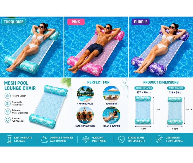 Mesh Pool Lounge Chair with Inflatable Headrest and Footrest, Breathable Floating Water Hammock for Swimming Pool, Beach and Summer Vacation - Image 1