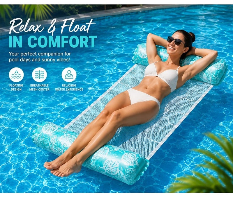 Mesh Pool Lounge Chair with Inflatable Headrest and Footrest, Breathable Floating Water Hammock for Swimming Pool, Beach and Summer Vacation - Image 2