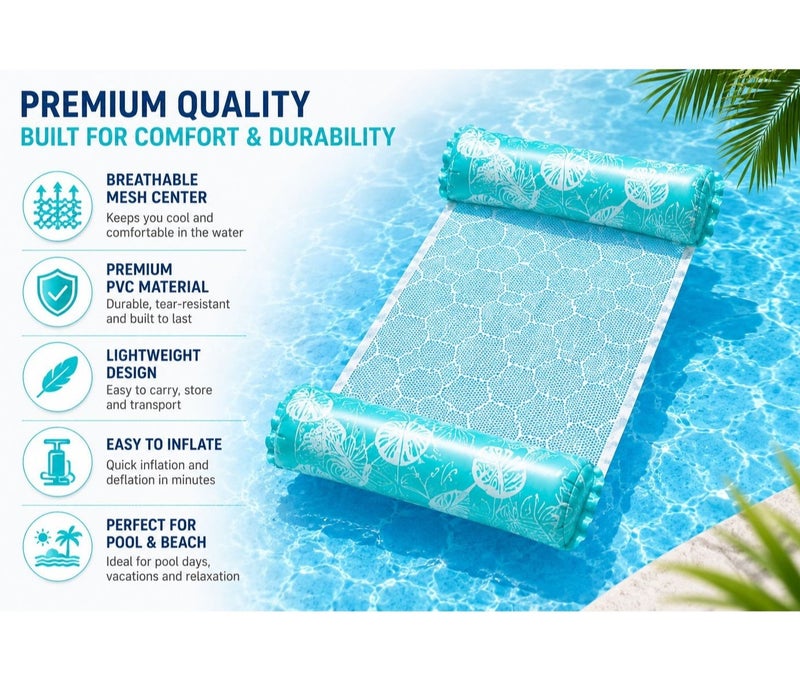 Mesh Pool Lounge Chair with Inflatable Headrest and Footrest, Breathable Floating Water Hammock for Swimming Pool, Beach and Summer Vacation - Image 4