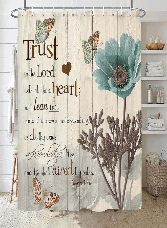 Bzhilja Rustic Elegant Teal Tulip Shower Curtain, Bible Verse Inspirational Motivational Quote Fabric Shower Curtain Set, Polyester Vintage Farmhouse Floral Bathroom Accessory with Hook 69x70Inch, Beige - Image 2