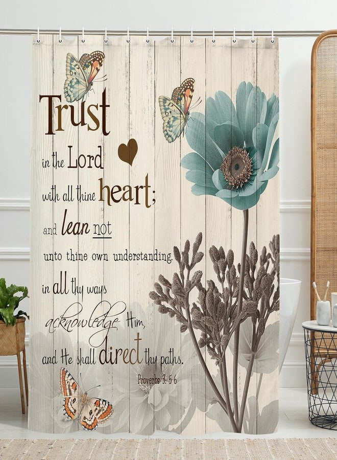 Bzhilja Rustic Elegant Teal Tulip Shower Curtain, Bible Verse Inspirational Motivational Quote Fabric Shower Curtain Set, Polyester Vintage Farmhouse Floral Bathroom Accessory with Hook 69x70Inch, Beige - Image 5
