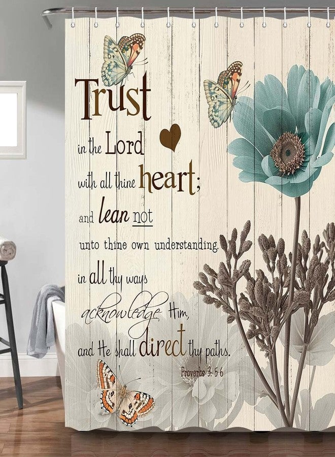 Bzhilja Rustic Elegant Teal Tulip Shower Curtain, Bible Verse Inspirational Motivational Quote Fabric Shower Curtain Set, Polyester Vintage Farmhouse Floral Bathroom Accessory with Hook 69x70Inch, Beige - Image 1