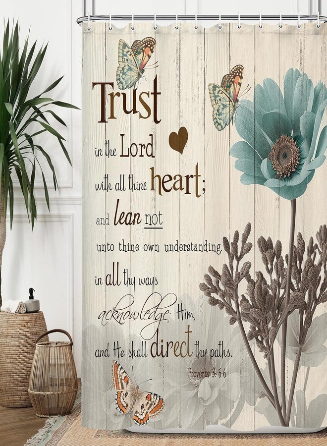 Bzhilja Rustic Elegant Teal Tulip Shower Curtain, Bible Verse Inspirational Motivational Quote Fabric Shower Curtain Set, Polyester Vintage Farmhouse Floral Bathroom Accessory with Hook 69x70Inch, Beige - Image 3