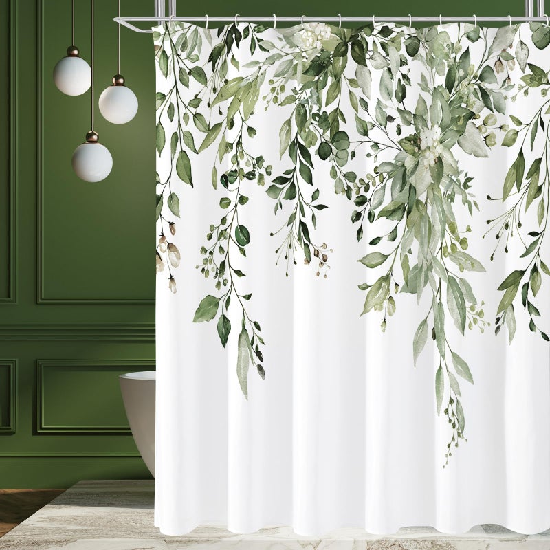 Gibelle Olive Green Eucalyptus Shower Curtain, Watercolor Plant Leaves with Floral Bathroom Shower Curtain Set with Hooks, 72x72 - Image 1