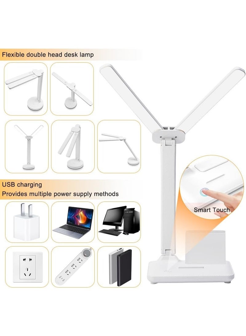 مصباح مكتب ليد مزدوج الرأس مع حامل قلم، مصباح طاولة، قابل لإعادة الشحن، عناية بالعين، تحكم باللمس مع منفذ شحن USB، مصباح طاولة بجانب السرير للقراءة والدراسة للأطفال والمنزل والمكتب أبيض - Image 3