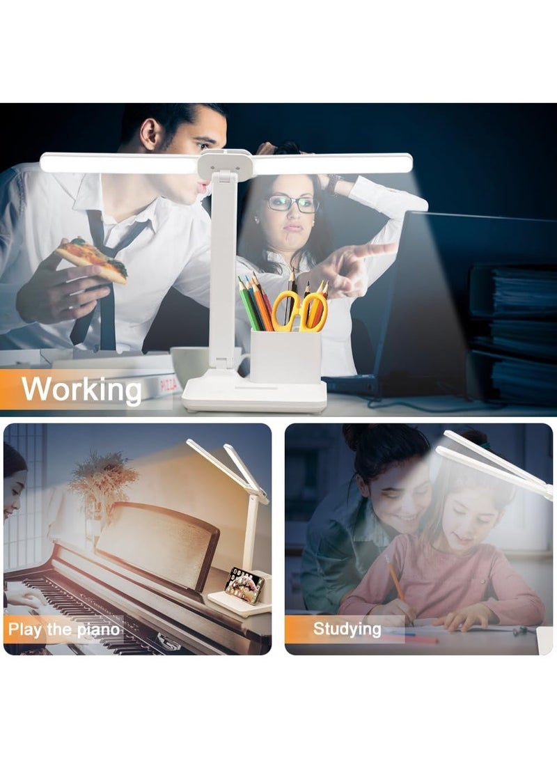 مصباح مكتب ليد مزدوج الرأس مع حامل قلم، مصباح طاولة، قابل لإعادة الشحن، عناية بالعين، تحكم باللمس مع منفذ شحن USB، مصباح طاولة بجانب السرير للقراءة والدراسة للأطفال والمنزل والمكتب أبيض - Image 4