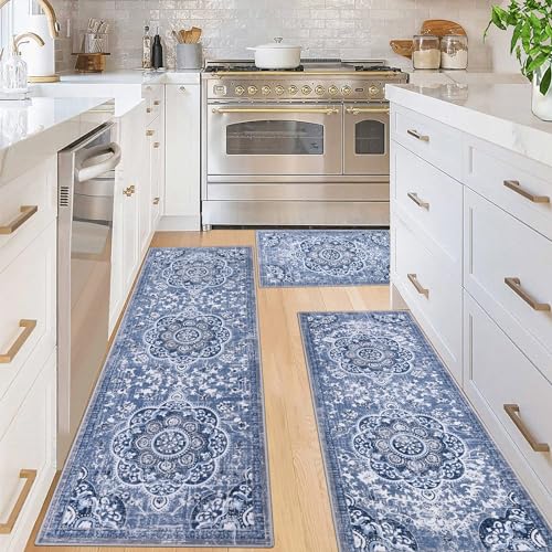 Ileading Boho Kitchen Rugs Sets 3 Piece with Runner Floral Kitchen Floor Mat Carpet Large Farmhouse Kitchen Rugs and Mats Non Skid Washable Runner Rug for Kitchen Floor Office Sink Laundry Blue