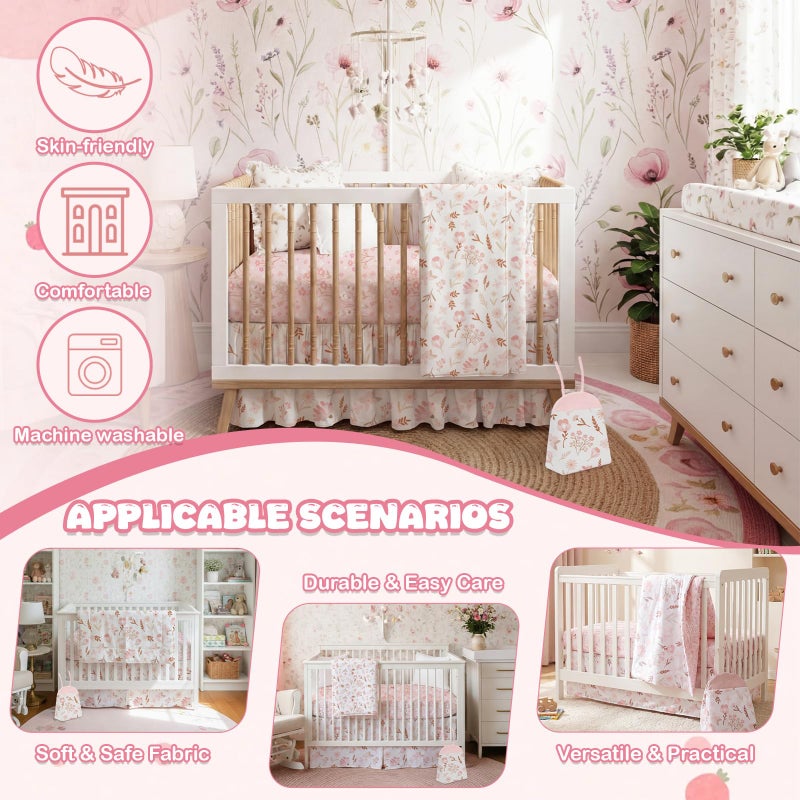 Hahafelt 4 Pieces Crib Bedding Set for Girls and Boys, Soft Baby Bedding Set Including Crib Skirt, Comforter, Sheet and Diaper Stacker for Nursery (Floral Theme) - Image 4