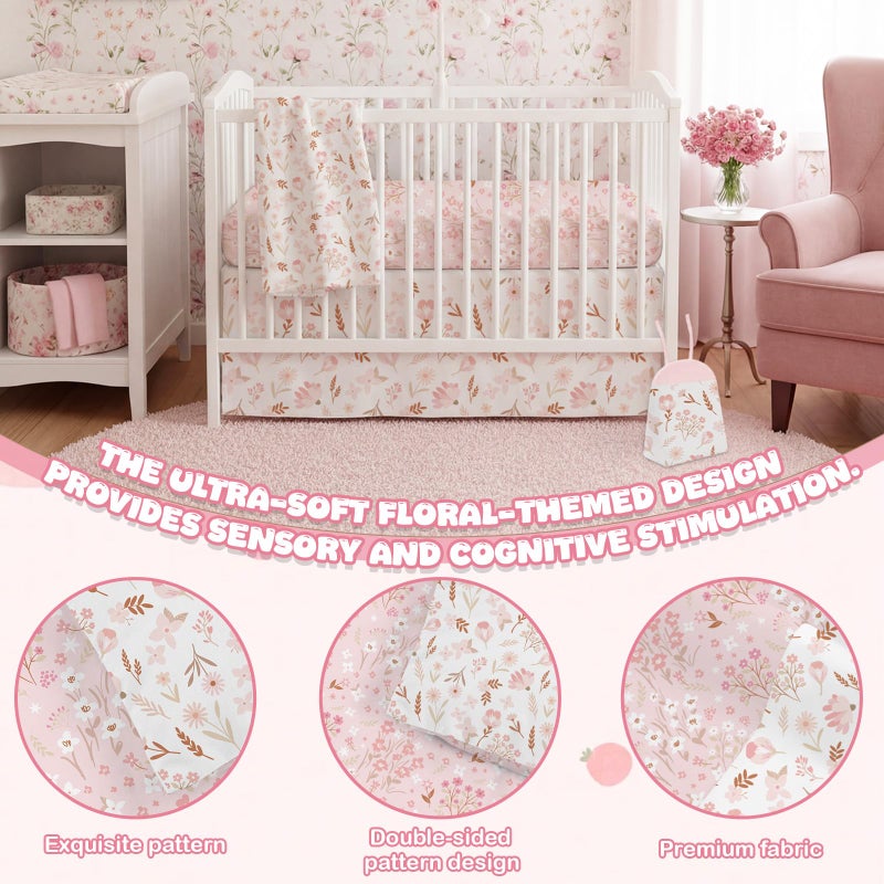 Hahafelt 4 Pieces Crib Bedding Set for Girls and Boys, Soft Baby Bedding Set Including Crib Skirt, Comforter, Sheet and Diaper Stacker for Nursery (Floral Theme) - Image 5