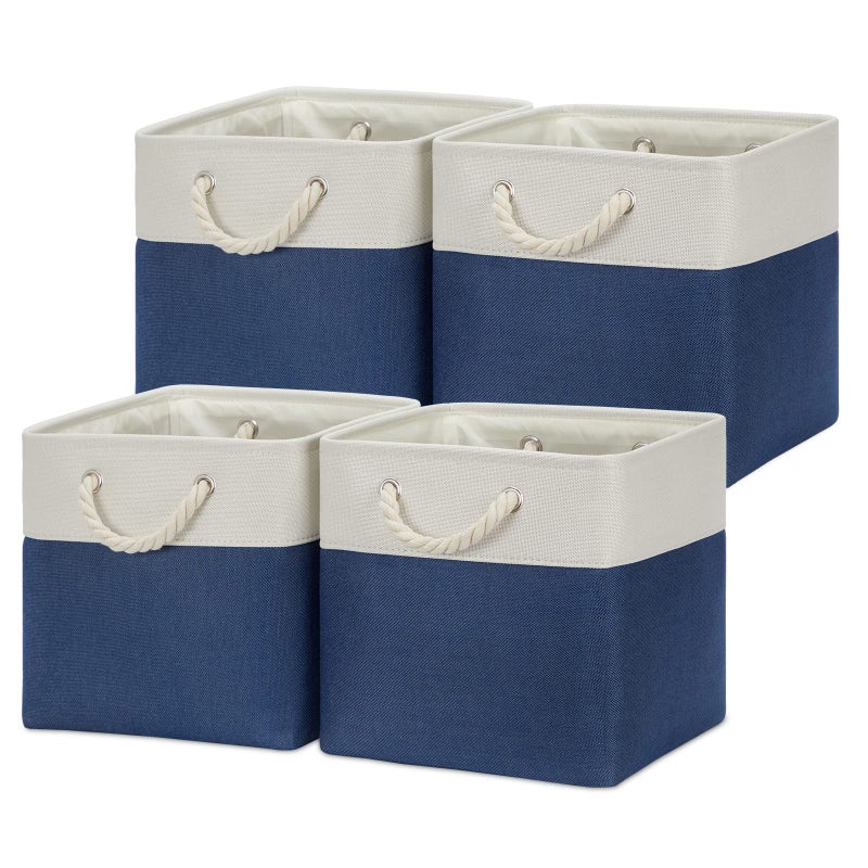 Temary Fabric Storage Cubes for Organizing 4Pack Blue Fabric Storage Basket 12 Inch Cube Storage Bins with Handles for Organizing Toys Shelf Baskets for Home Office Closet WhiteBlue