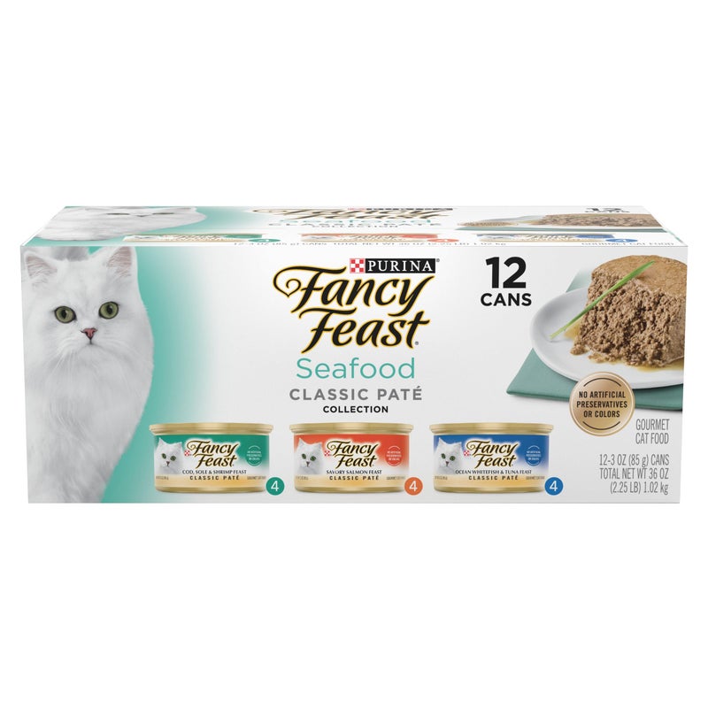 Fancy Feast Purina Fancy Feast Seafood Classic Pate Collection Grain Free Wet Cat Food Variety Pack - (2 Packs of 12) 3 oz. Cans - Image 1
