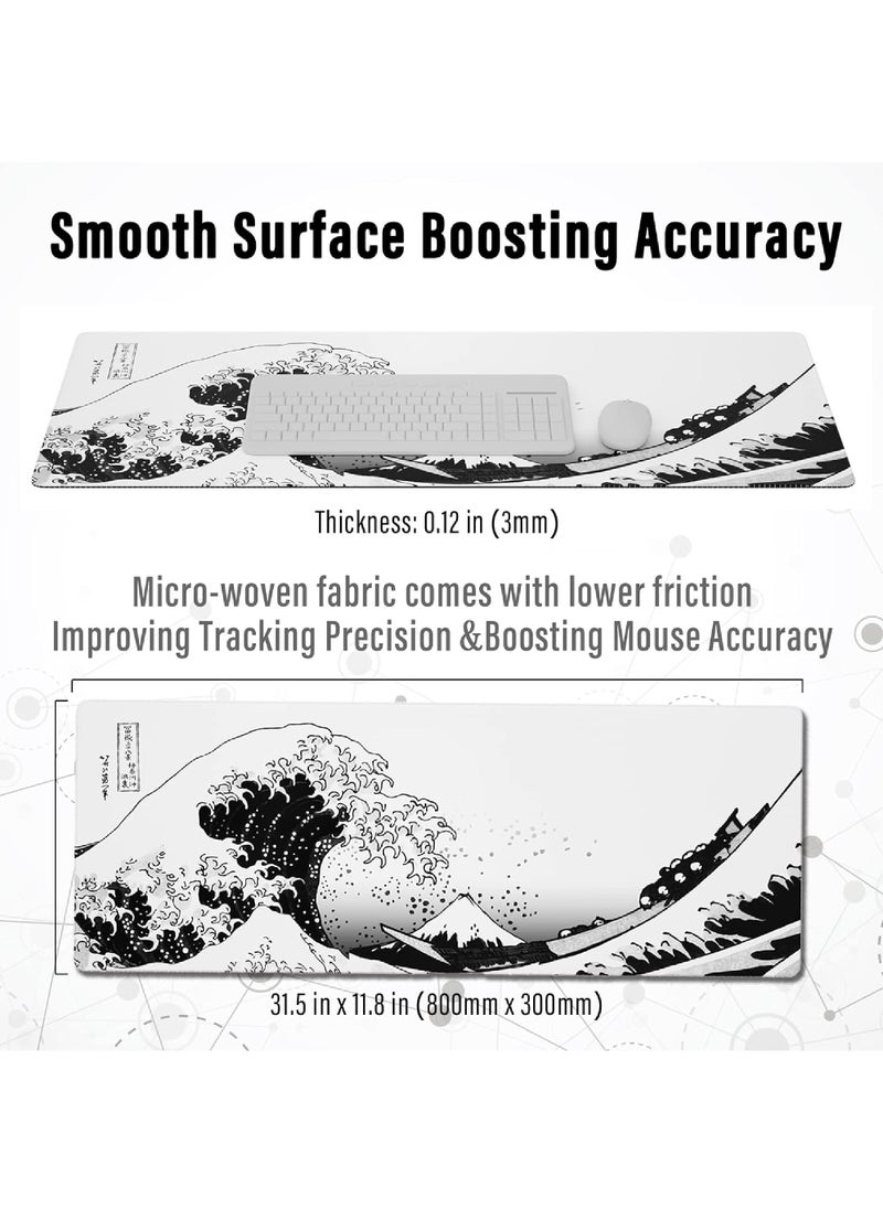 Rock Pow - Large Gaming Mouse Pad with Stitched Edges Japanese Wave Anime Desk Mat Extended XL Mousepad with Anti-Slip Base Spill-Resistant Desk Pad for Keyboard and Mouse 800 * 300 * 3mm - Image 1