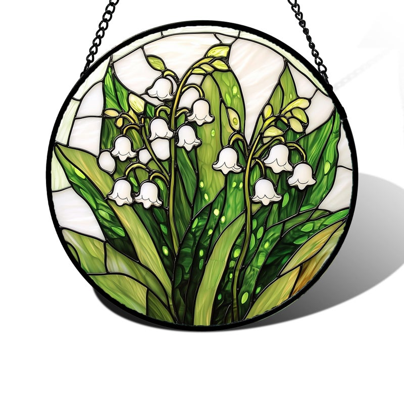 DASTOLL Stained Glass Window Hanging, Lily of the Valley Flower Sun Catchers Colorful Glass Panel Green Plants Suncatcher Decor for Birthday for Women,Men,Wife, Lovers, and Mom 7.8 in - Image 1