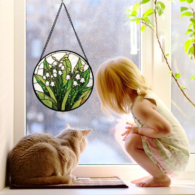 DASTOLL Stained Glass Window Hanging, Lily of the Valley Flower Sun Catchers Colorful Glass Panel Green Plants Suncatcher Decor for Birthday for Women,Men,Wife, Lovers, and Mom 7.8 in - Image 3