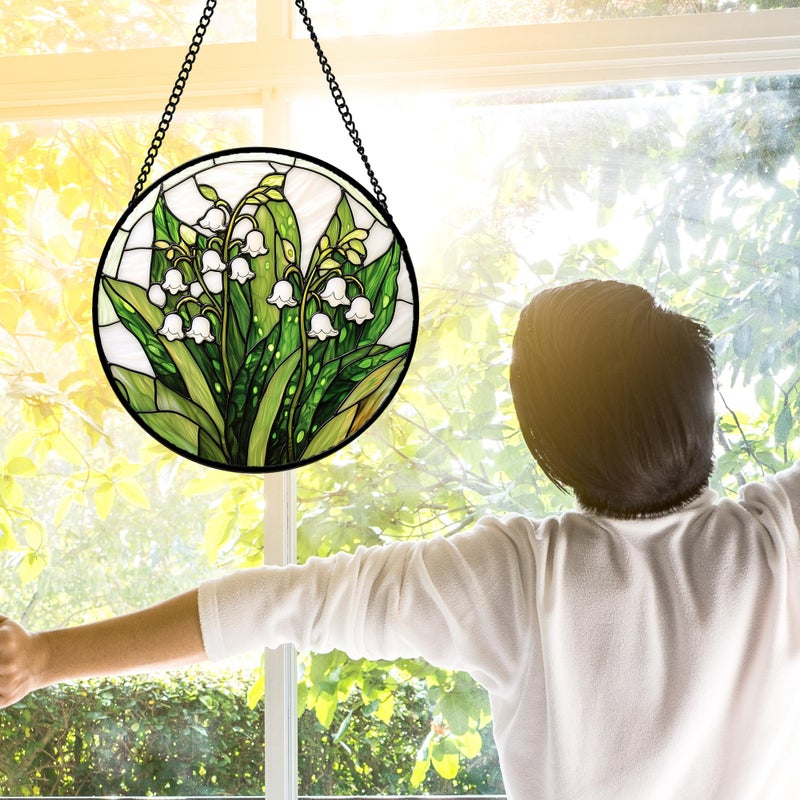 DASTOLL Stained Glass Window Hanging, Lily of the Valley Flower Sun Catchers Colorful Glass Panel Green Plants Suncatcher Decor for Birthday for Women,Men,Wife, Lovers, and Mom 7.8 in - Image 2