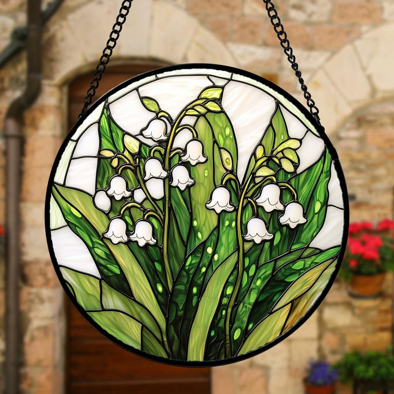 DASTOLL Stained Glass Window Hanging, Lily of the Valley Flower Sun Catchers Colorful Glass Panel Green Plants Suncatcher Decor for Birthday for Women,Men,Wife, Lovers, and Mom 7.8 in - Image 4