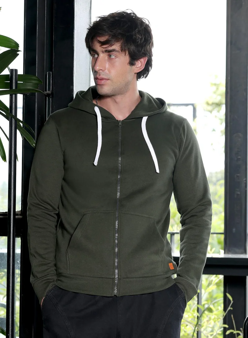 Campus Sutra Men Zip-Front Regular Hoodie | Hooded Neck, Long Ribbed Cuff Sleeves | Zipper , Ribbed-Straight Hem | Solid Fleece | Knitted Fabric For Casual & Daily Wear | Seaweed Green