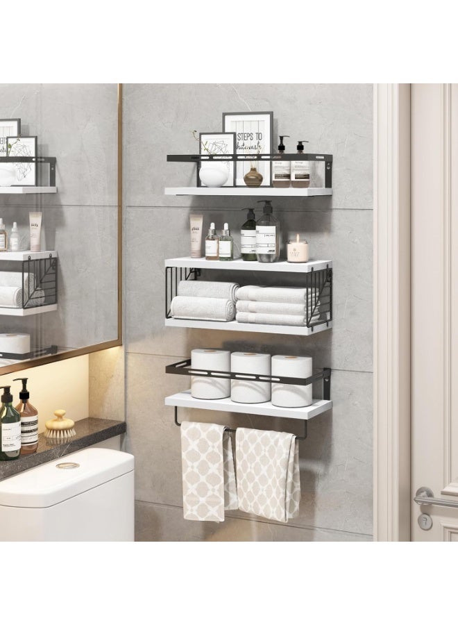 والالا أرفف خشبية عائمة من 3 طبقات + 1، رف تخزين للحمام، أرفف صلبة مثبتة على الحائط، رف عرض منزلي، رف منظم للمطبخ مع قضيب مناشف، خطافات، سلك للمكتب المنزلي - Image 5