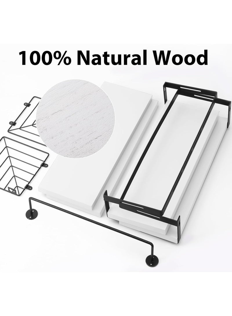 والالا أرفف خشبية عائمة من 3 طبقات + 1، رف تخزين للحمام، أرفف صلبة مثبتة على الحائط، رف عرض منزلي، رف منظم للمطبخ مع قضيب مناشف، خطافات، سلك للمكتب المنزلي - Image 3