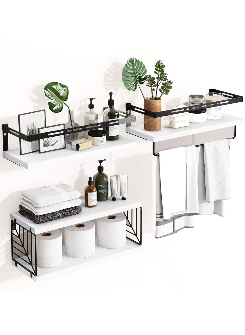 والالا أرفف خشبية عائمة من 3 طبقات + 1، رف تخزين للحمام، أرفف صلبة مثبتة على الحائط، رف عرض منزلي، رف منظم للمطبخ مع قضيب مناشف، خطافات، سلك للمكتب المنزلي - Image 1