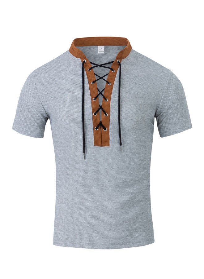European And American Men's Summer Rope Neck Waffle Knit Color Block American Casual Big Size Short Sleeve T-shirt