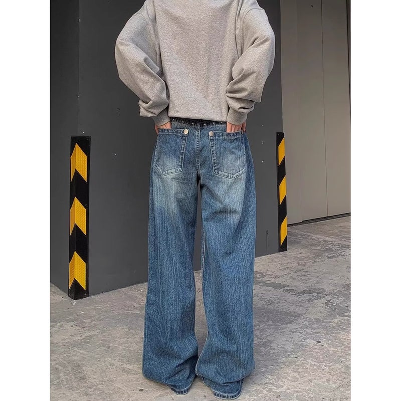 American Retro Rivet Lightning Pattern Jeans For Men And Women, New Washed Distressed Casual Pants, Handsome Wide-Leg Pants, Trendy Brand - Image 1
