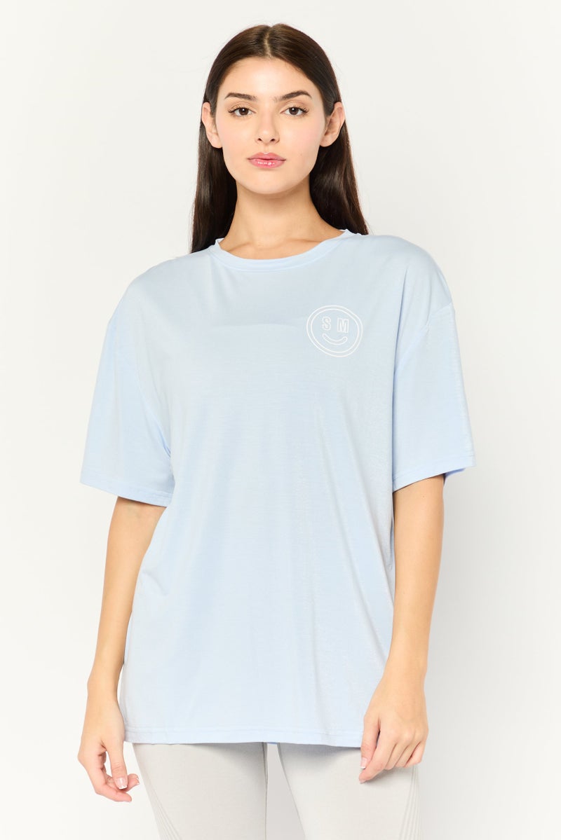 STEVE MADDEN Women Crew Neck Short Sleeve Brand Logo T-Shirt, Light Blue - Image 1