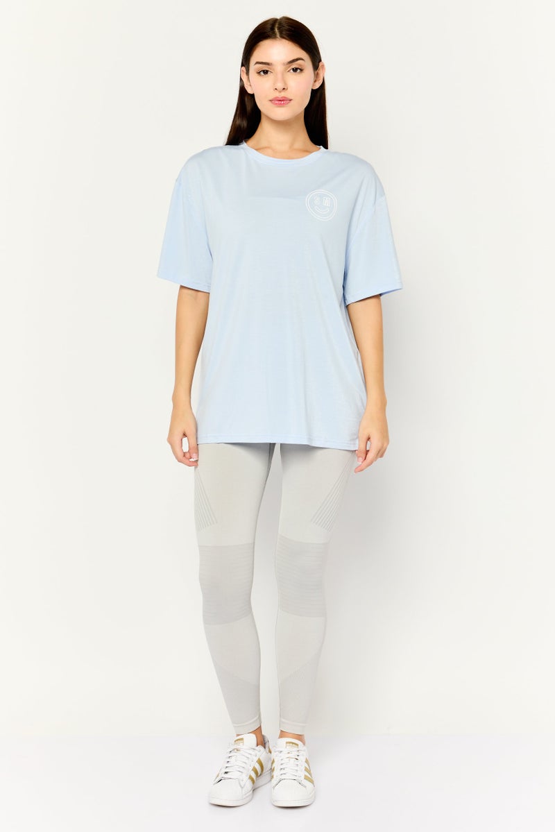 STEVE MADDEN Women Crew Neck Short Sleeve Brand Logo T-Shirt, Light Blue - Image 2