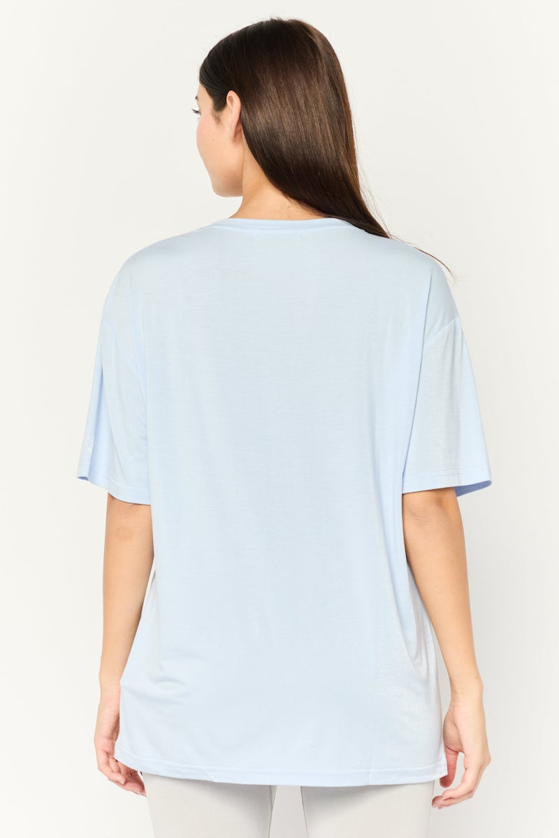 STEVE MADDEN Women Crew Neck Short Sleeve Brand Logo T-Shirt, Light Blue - Image 4